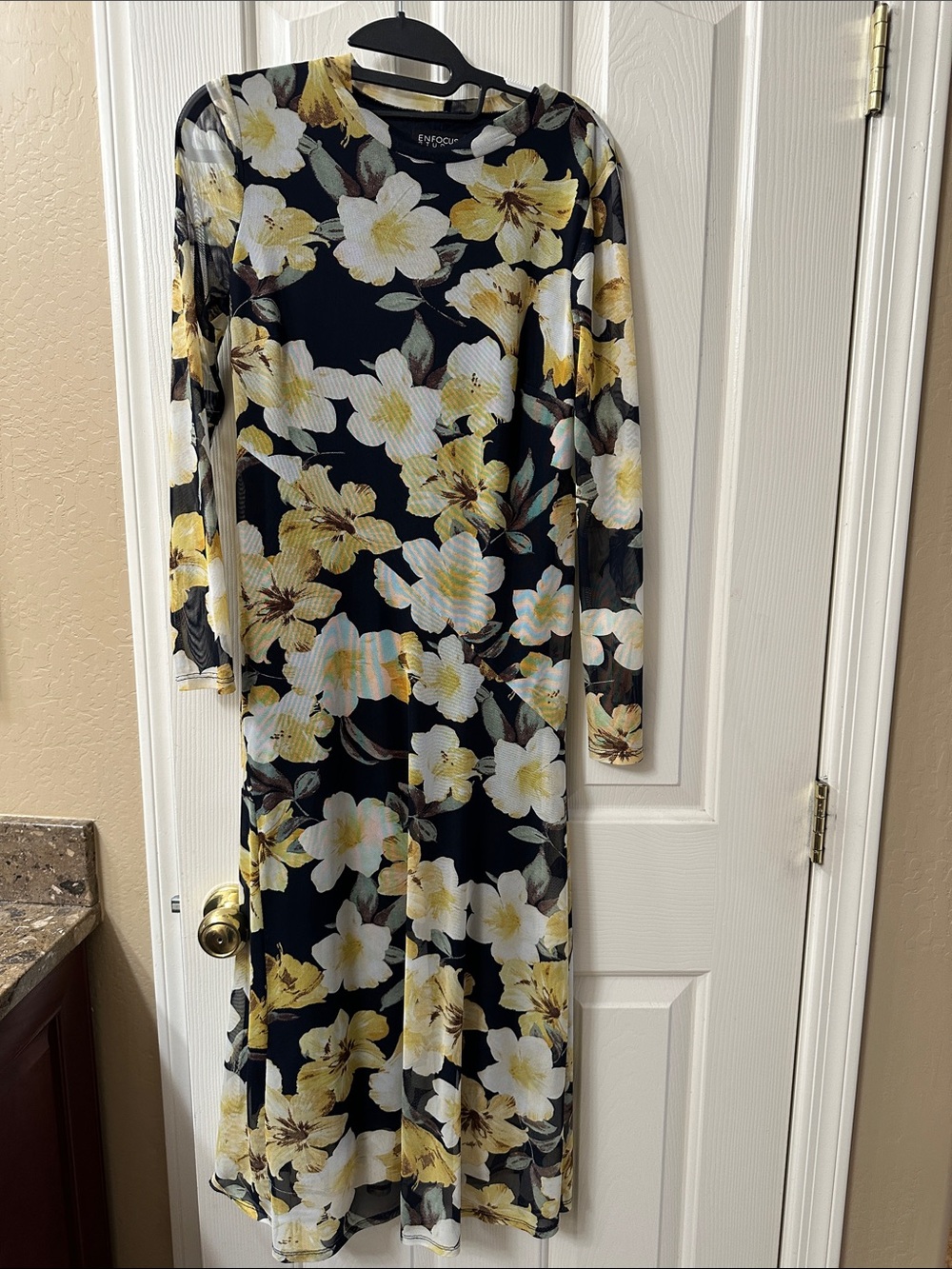 En Focus Studio Black Floral Long Sleeve Midi Dress with Yellow & White Blooms